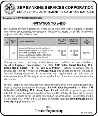 SBP Banking Services Corporation Karachi Tender Notice